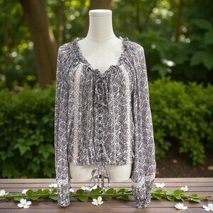 Olivaceous Boho Floral Peasant Blouse Cottagecore Lace Ruffle Dainty Tie Top M